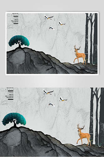 鸟兽树木山间意境优雅中式唯美插画