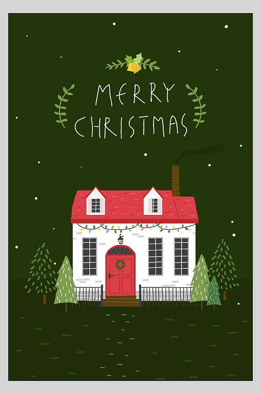 绿色背景房子英文圣诞插画海报