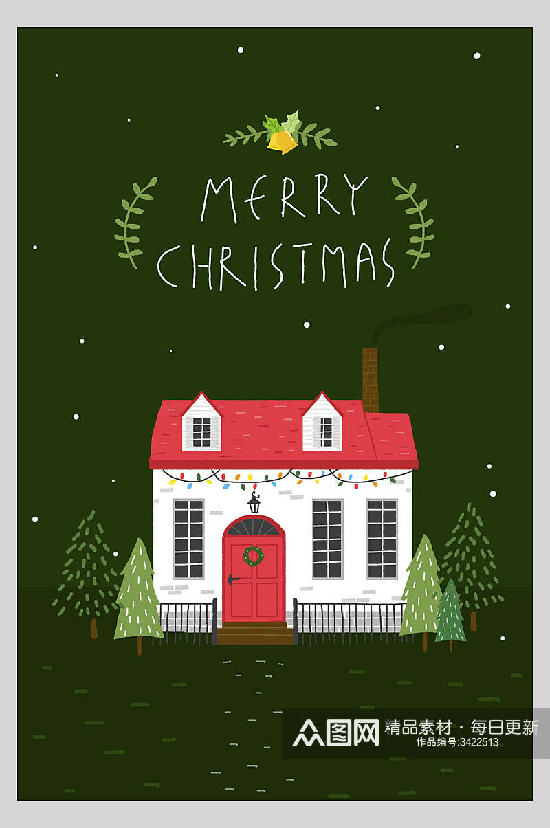 绿色背景房子英文圣诞插画海报素材