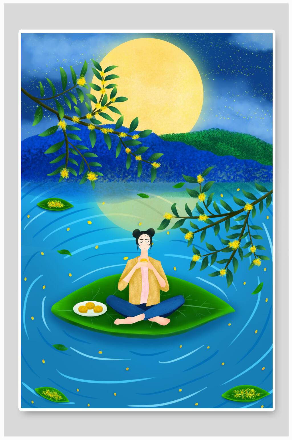蓝色中秋节插画素材素材