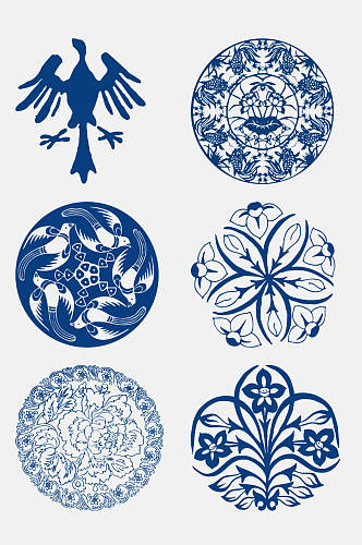 中式唯美蓝色青花瓷花纹图案免抠素材