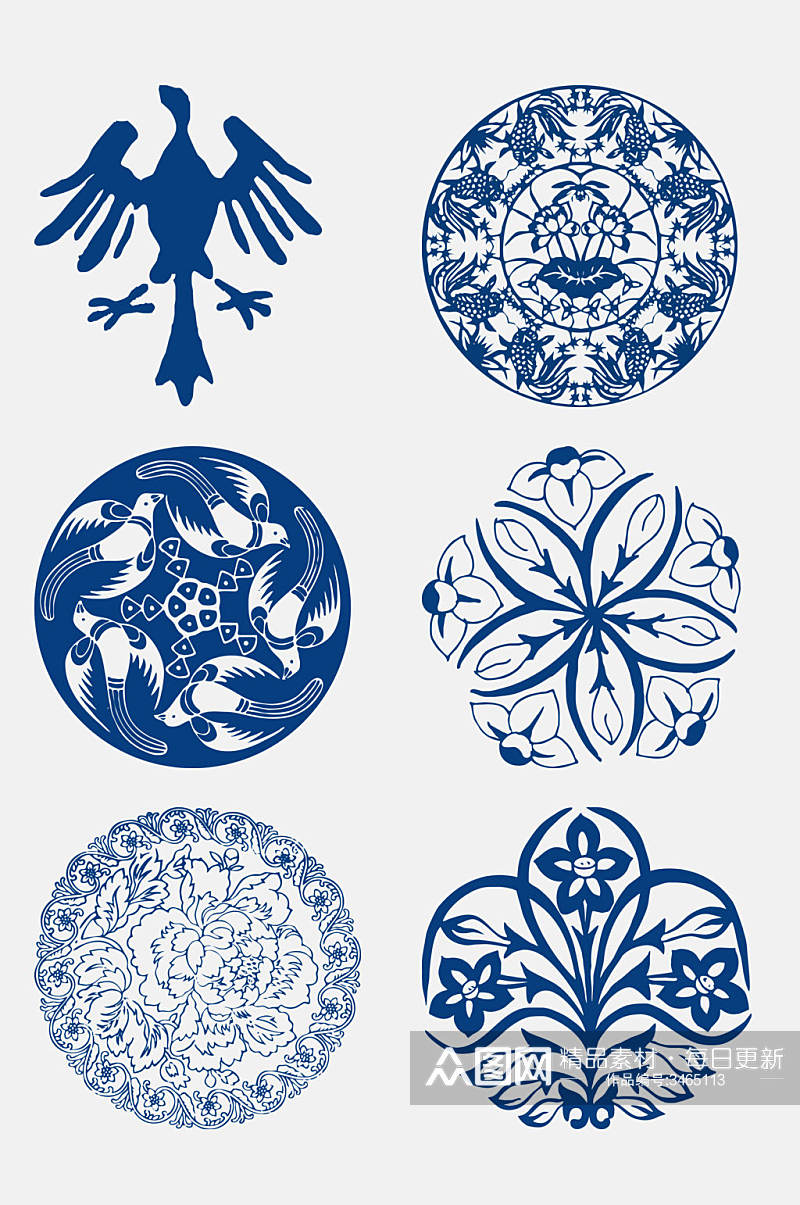 中式唯美蓝色青花瓷花纹图案免抠素材素材