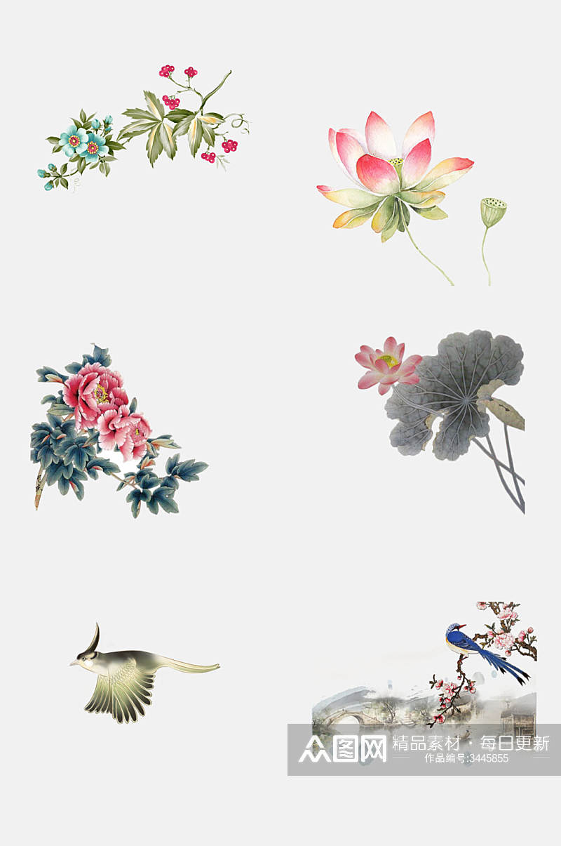 中国风传统鲜花典雅工笔画免抠素材素材