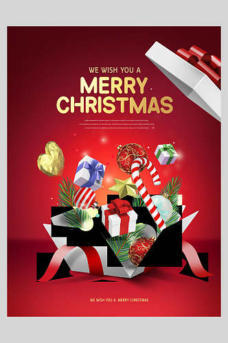 简约礼盒拐杖糖红色时尚小清新圣诞节海报