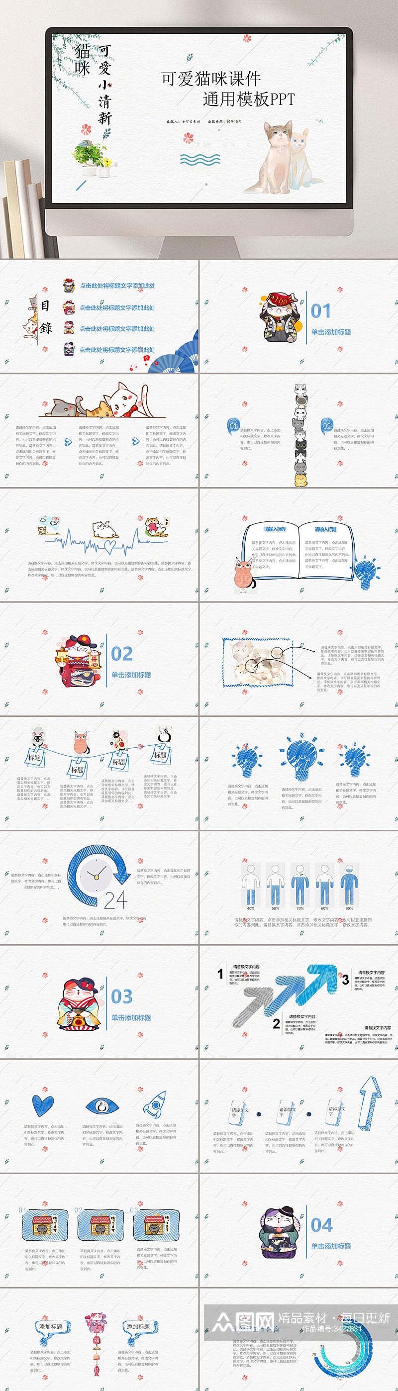 猫咪可爱小清新卡通宠物行业PPT素材