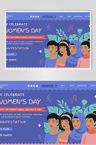 蓝色手绘各国妇女妇女节插画海报