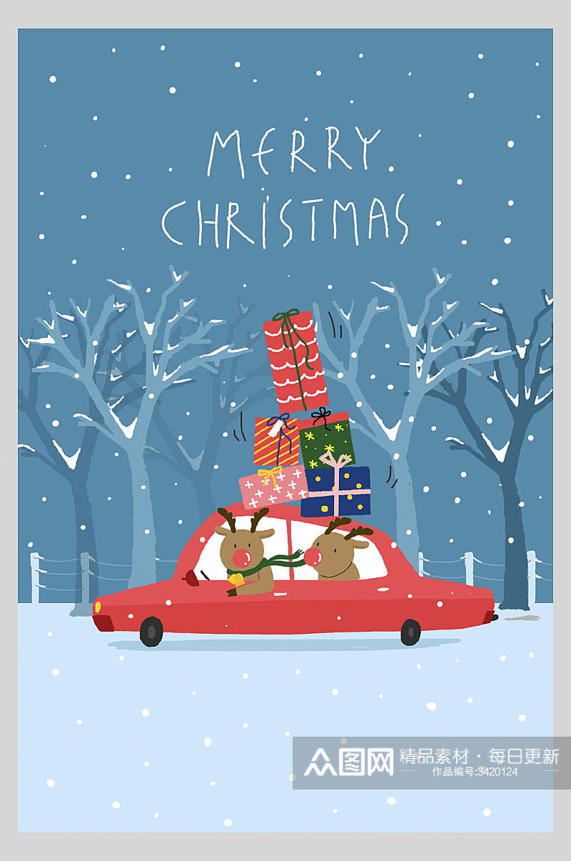 下雪手绘麋鹿圣诞插画海报素材