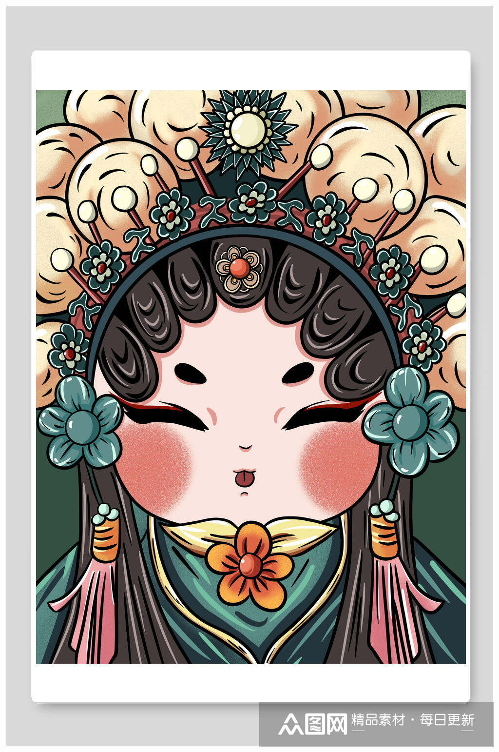 国潮绿色女性京剧脸谱插画素材