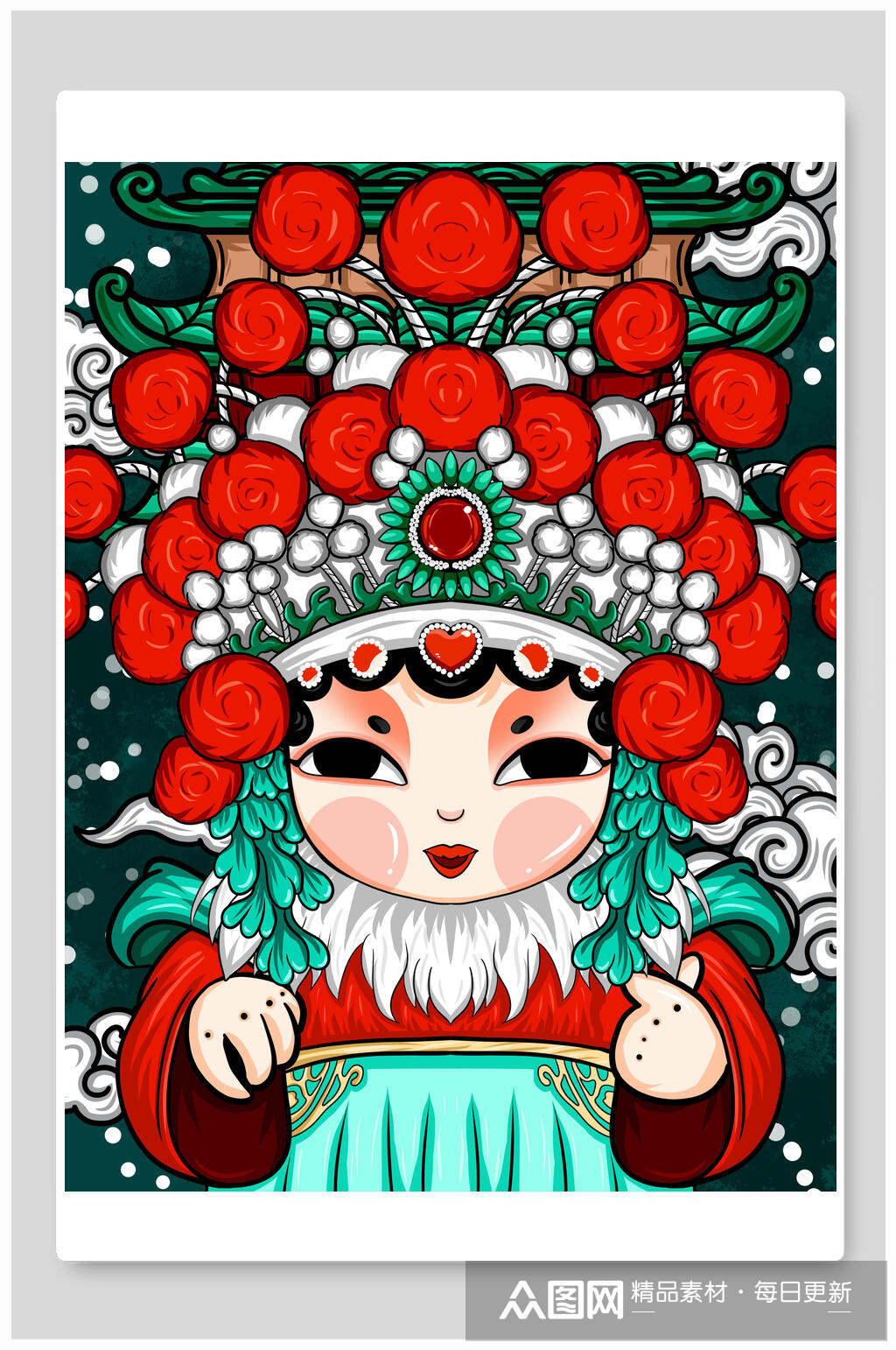红绿色白胡子戏服国潮京剧脸谱插画素材