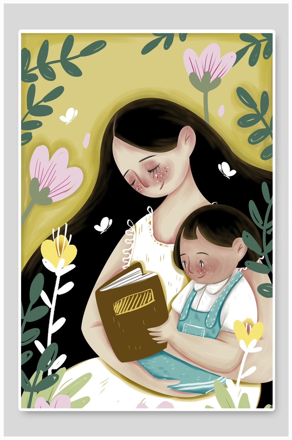 看书卡通手绘母亲节插画素材