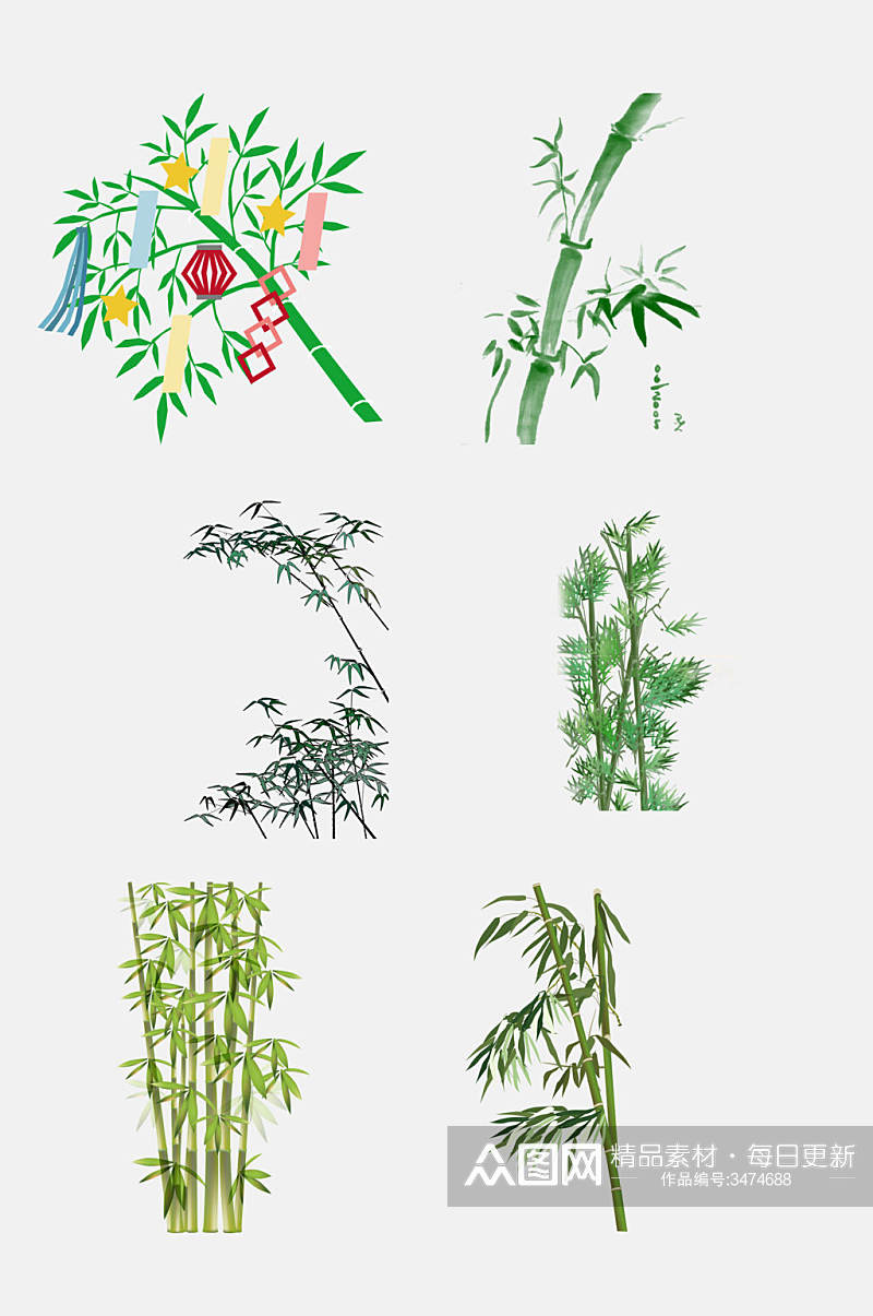 时尚彩色翡翠竹子竹叶免抠素材素材
