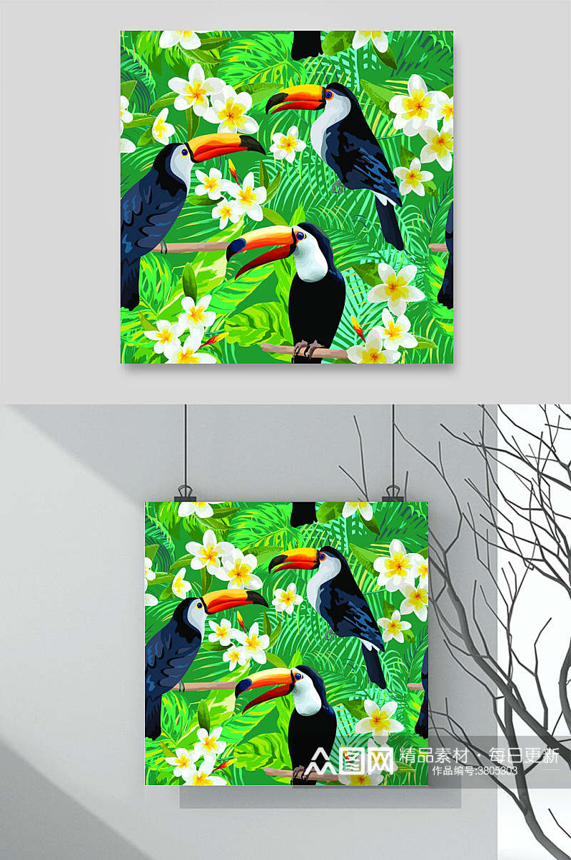 淡雅鲜花热带雨林火烈鸟印花图案矢量素材素材