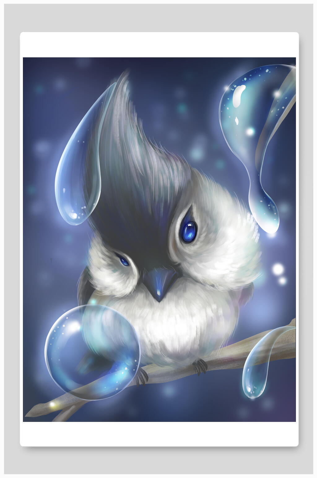 蓝色水滴小鸟手绘萌宠插画素材