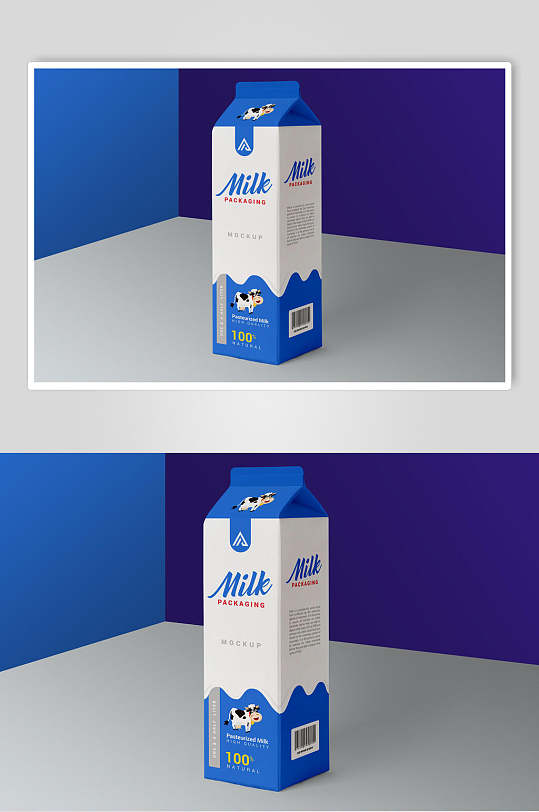 英文蓝白创意简约风牛奶盒包装样机