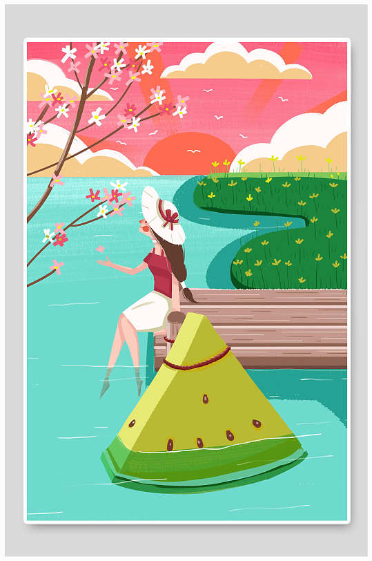 西瓜花朵草地女孩泡脚绿色夏天插画