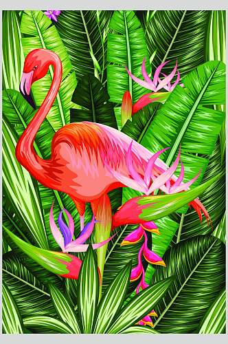 清新热带雨林火烈鸟印花图案矢量素材