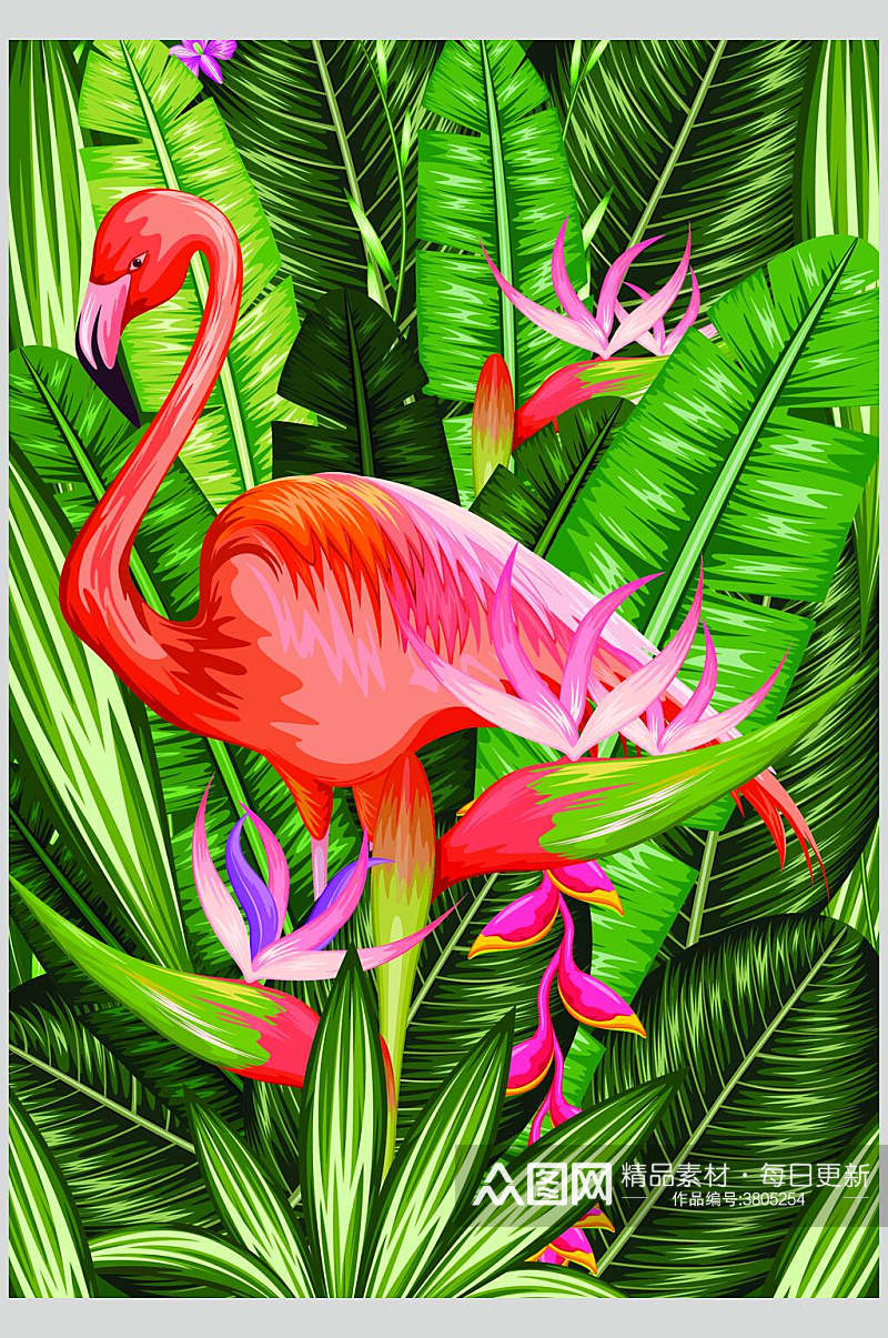 清新热带雨林火烈鸟印花图案矢量素材素材