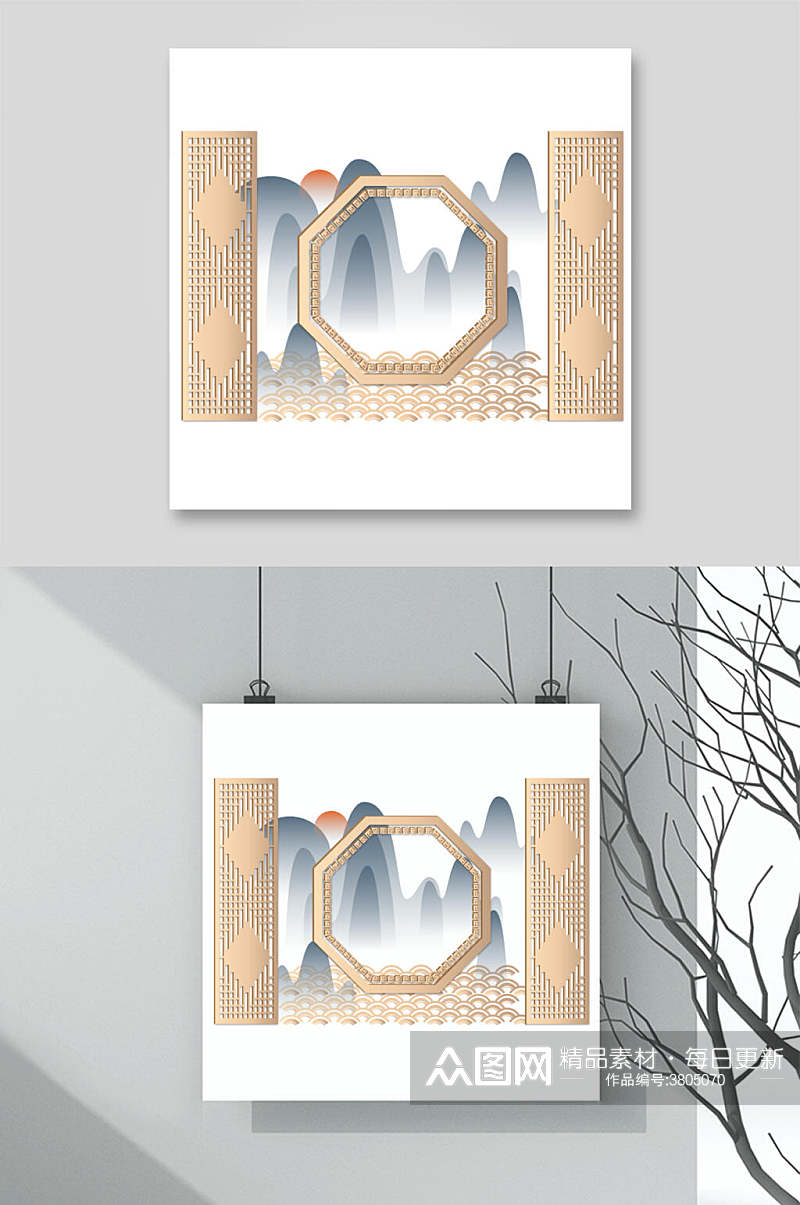 中式山水典雅窗花边框祥云素材素材