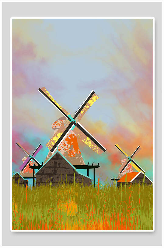 水彩荷兰风车竖图插画