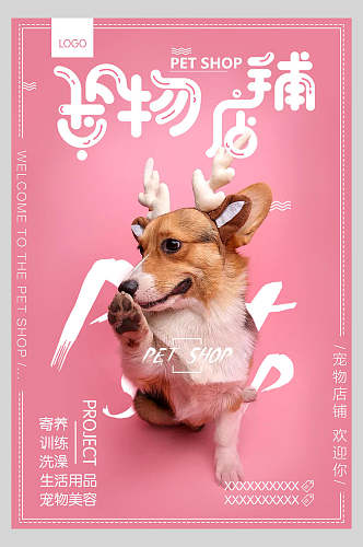 粉色宠物店柯基创意萌宠海报