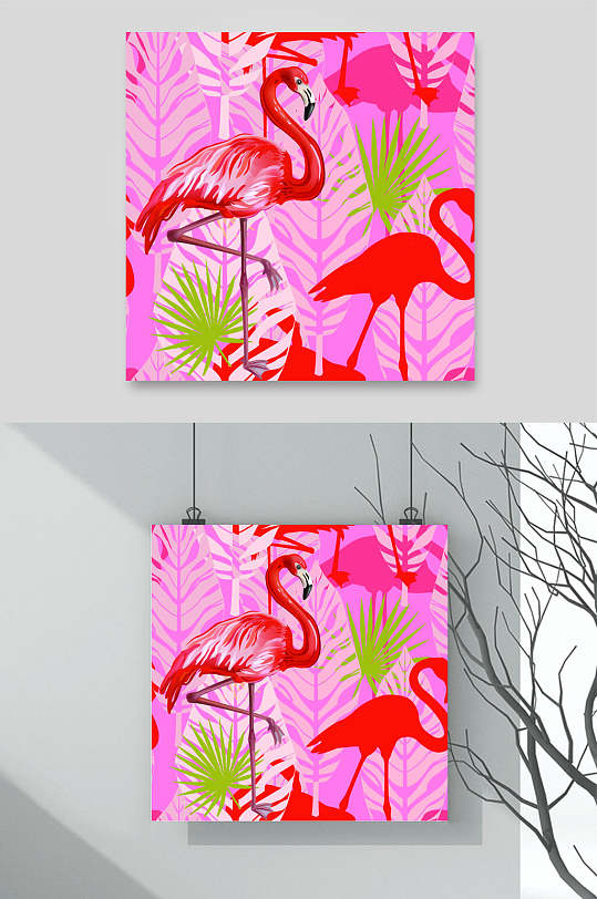 红色热带雨林火烈鸟印花图案矢量素材