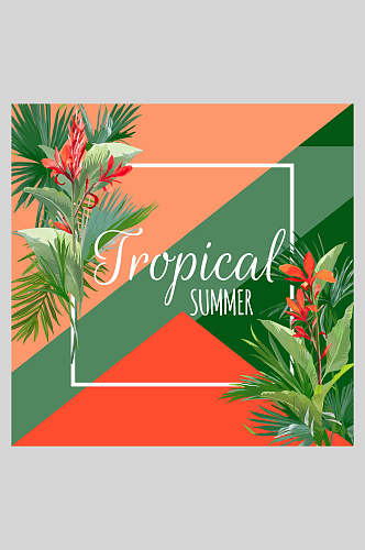 简易方形热带雨林树叶花卉海报