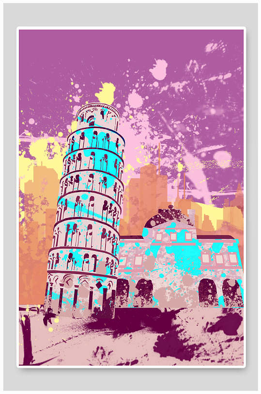 比萨斜塔地标建筑插画