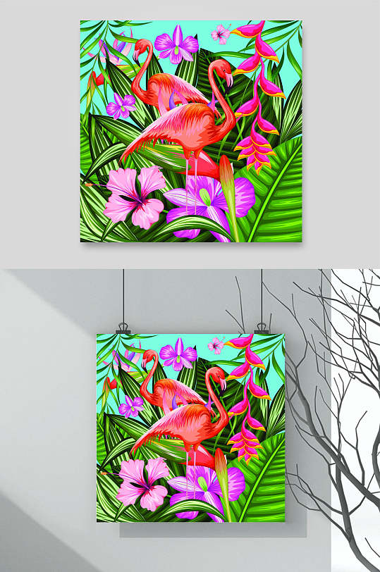 水彩热带雨林火烈鸟印花图案矢量设计素材