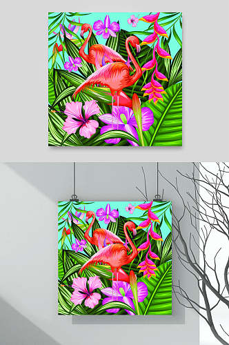 水彩热带雨林火烈鸟印花图案矢量设计素材