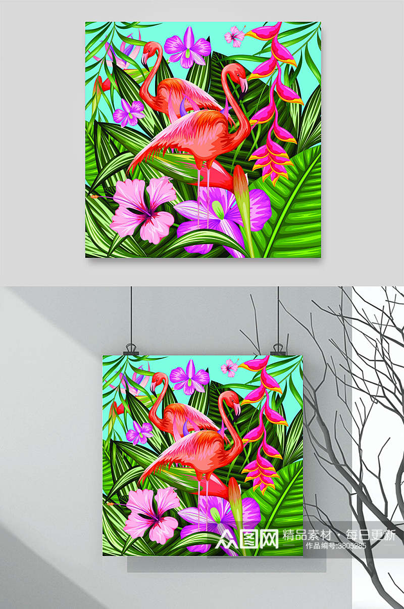 水彩热带雨林火烈鸟印花图案矢量设计素材素材