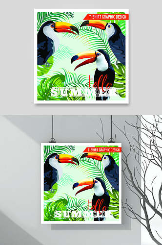 动物热带雨林火烈鸟印花图案矢量素材