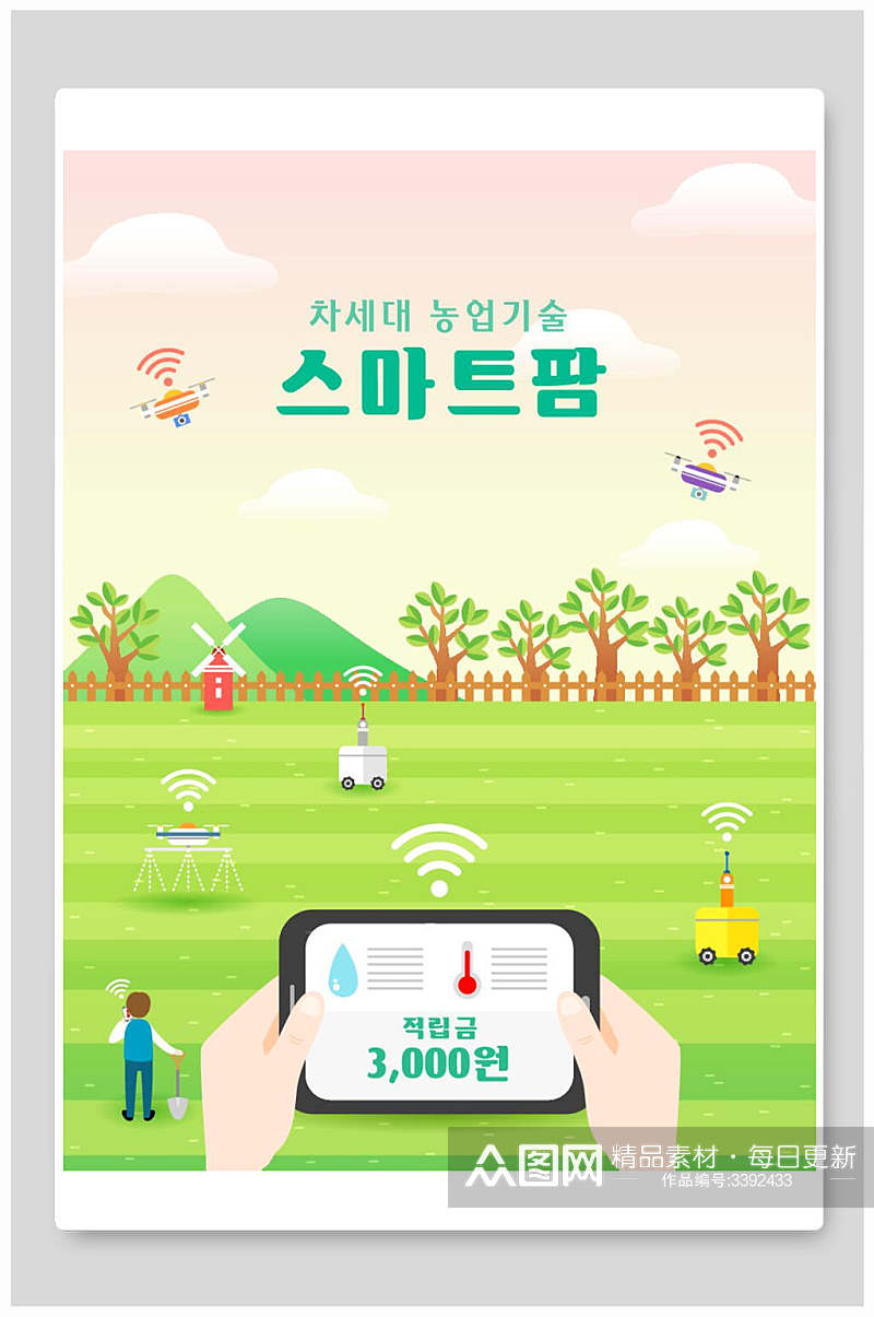 手机韩文简约清新绿化环保矢量插画素材