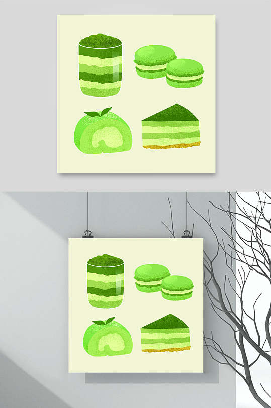 绿色蛋糕食品手绘美食矢量素材