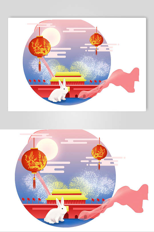 灯笼刘金花纹兔子天安门红黄中秋国庆素材