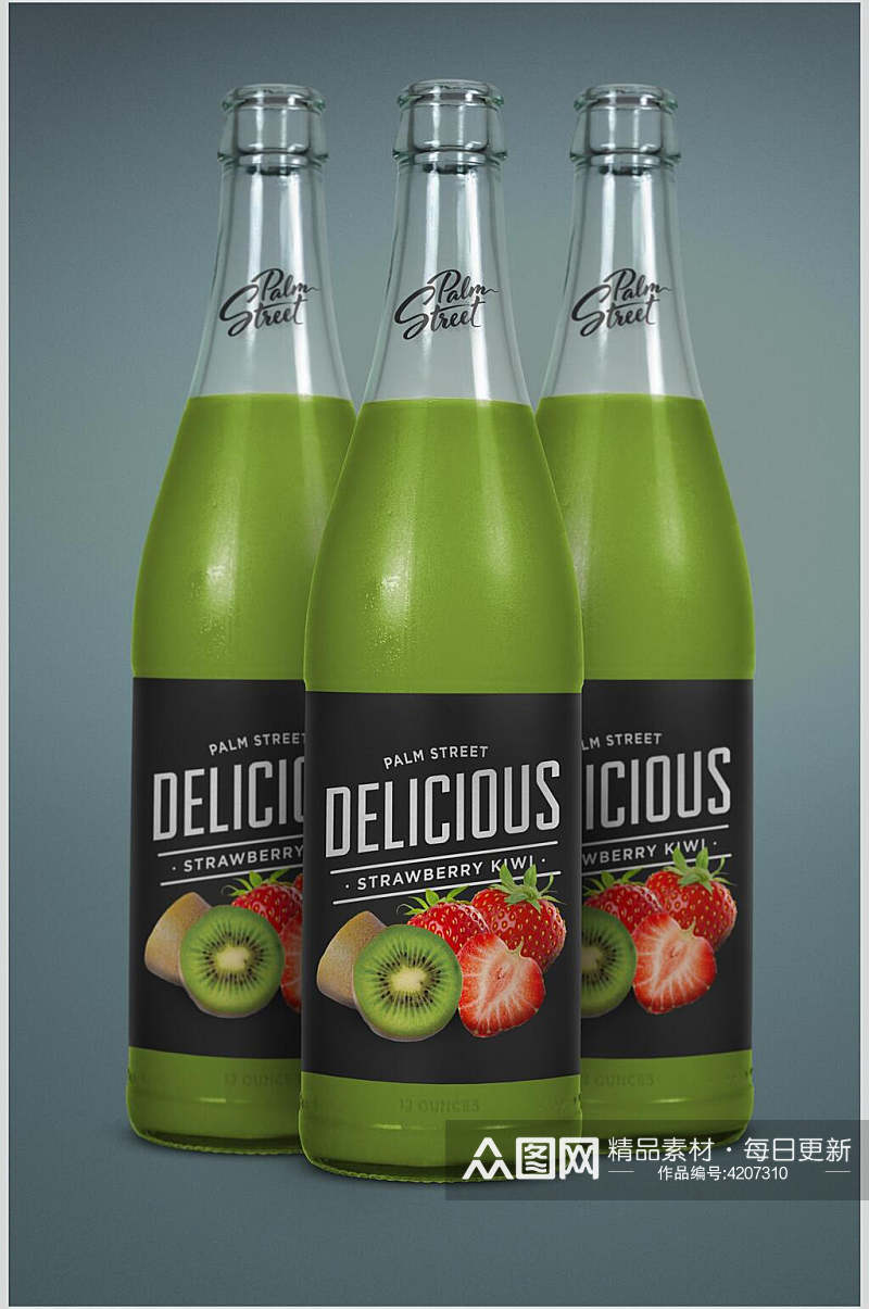 猕猴桃草莓绿酒瓶包装贴图样机素材