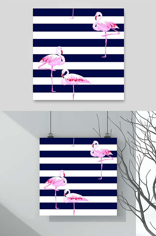 蓝白条纹火烈鸟热带雨林火烈鸟印花图案矢量素材-众图网