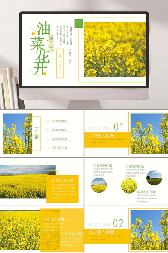 花朵黄白素雅油菜花开清新汇报ppt