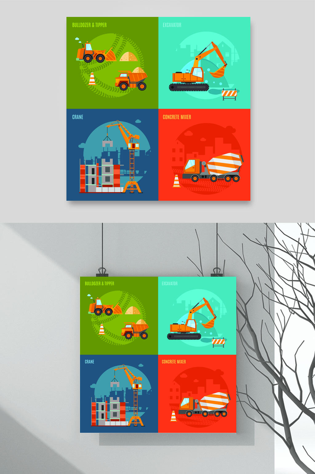 创意挖掘机立体人物场景矢量素材素材