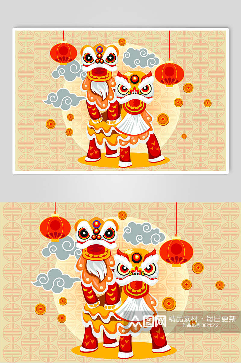 灯笼祥云新年舞狮插画矢量素材素材