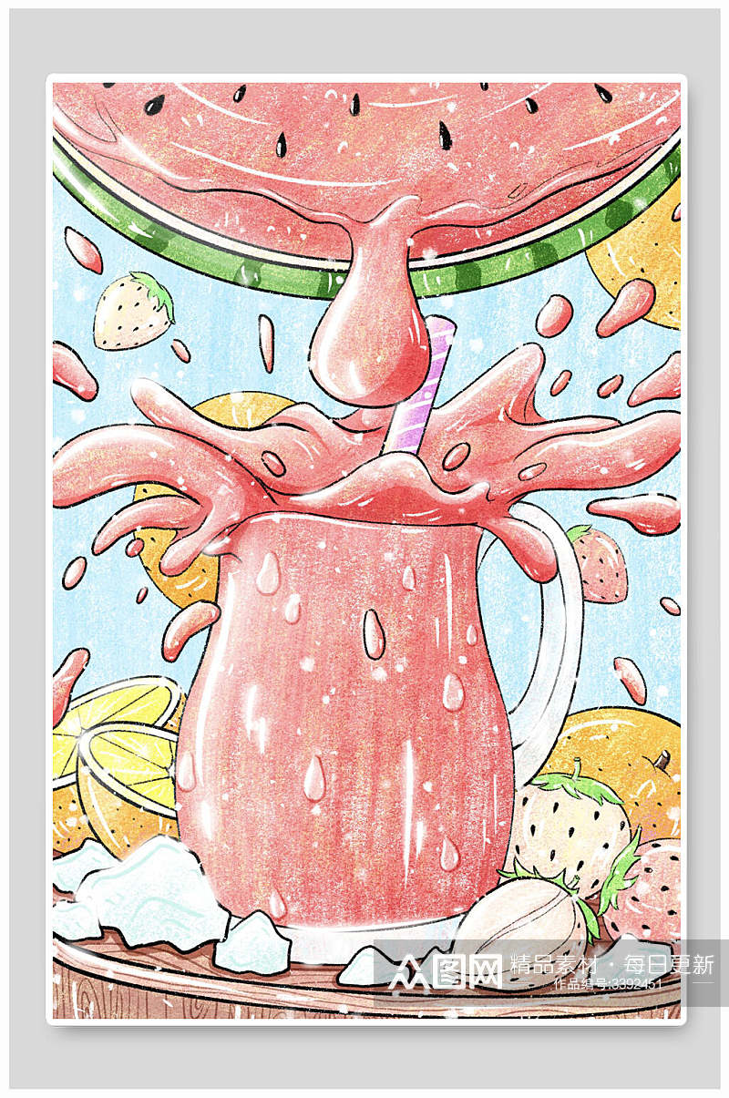 粉黄杯子西瓜可爱清凉夏日夏天插画素材