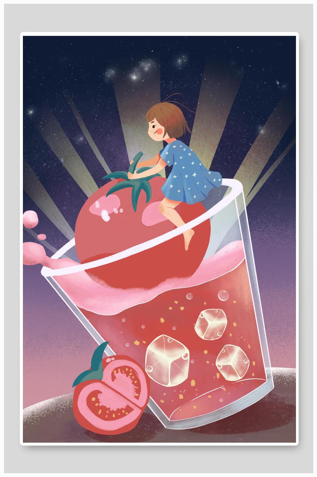 冰块柿子女孩夏天插画素材