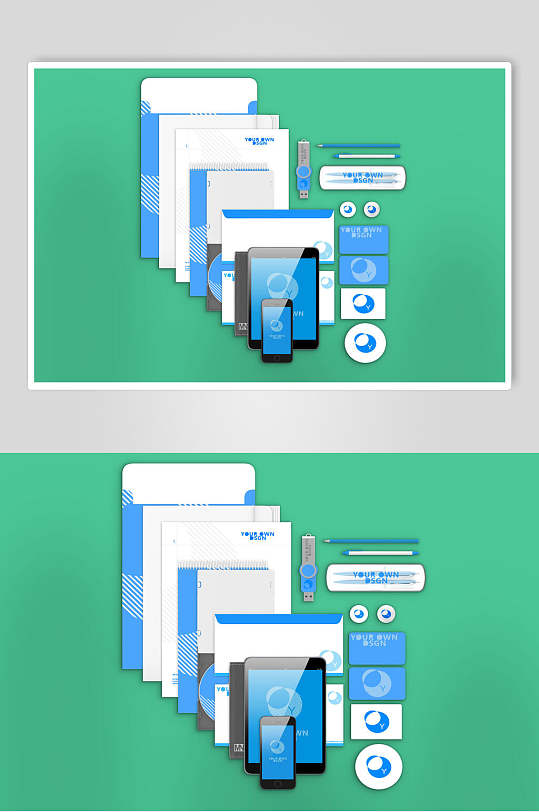 蓝绿手机平板创意企业宣传VI样机
