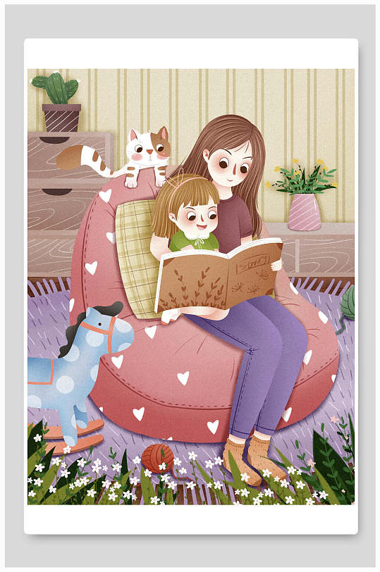 看书猫咪卡通手绘母亲节插画