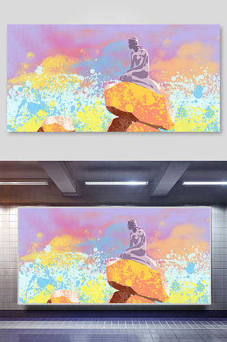 梦幻紫涂鸦创意艺术丹麦美人鱼插画
