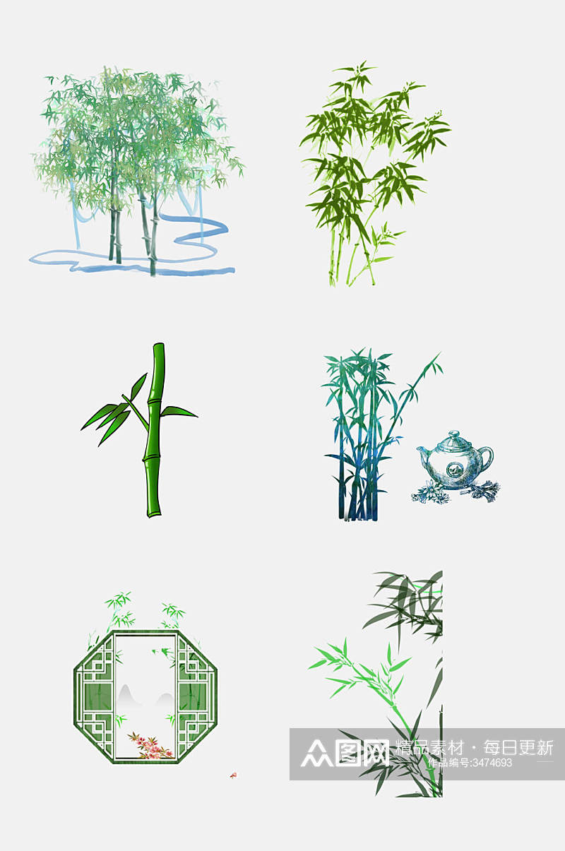 中式绿色翡翠竹子竹叶免抠素材素材