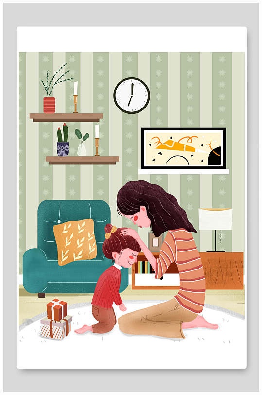 沙发地毯钟可爱卡通手绘母亲节插画
