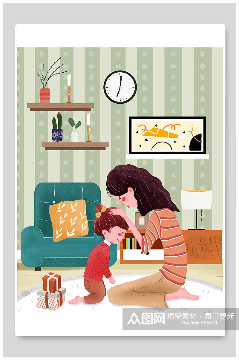 沙发地毯钟可爱卡通手绘母亲节插画素材