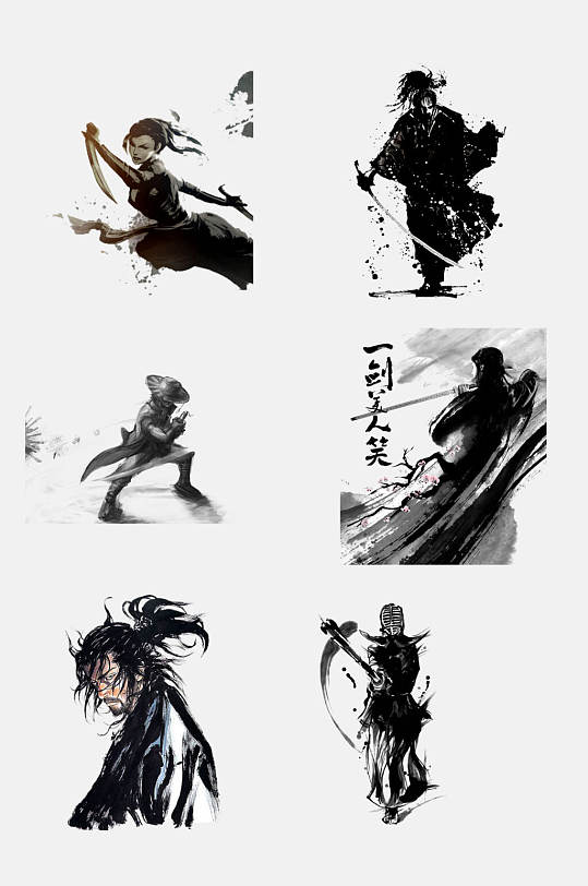 高端创意武侠水墨风剪影人物免抠素材