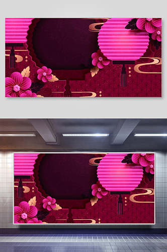 紫红花朵古典传统春节贵气典雅矢量背景