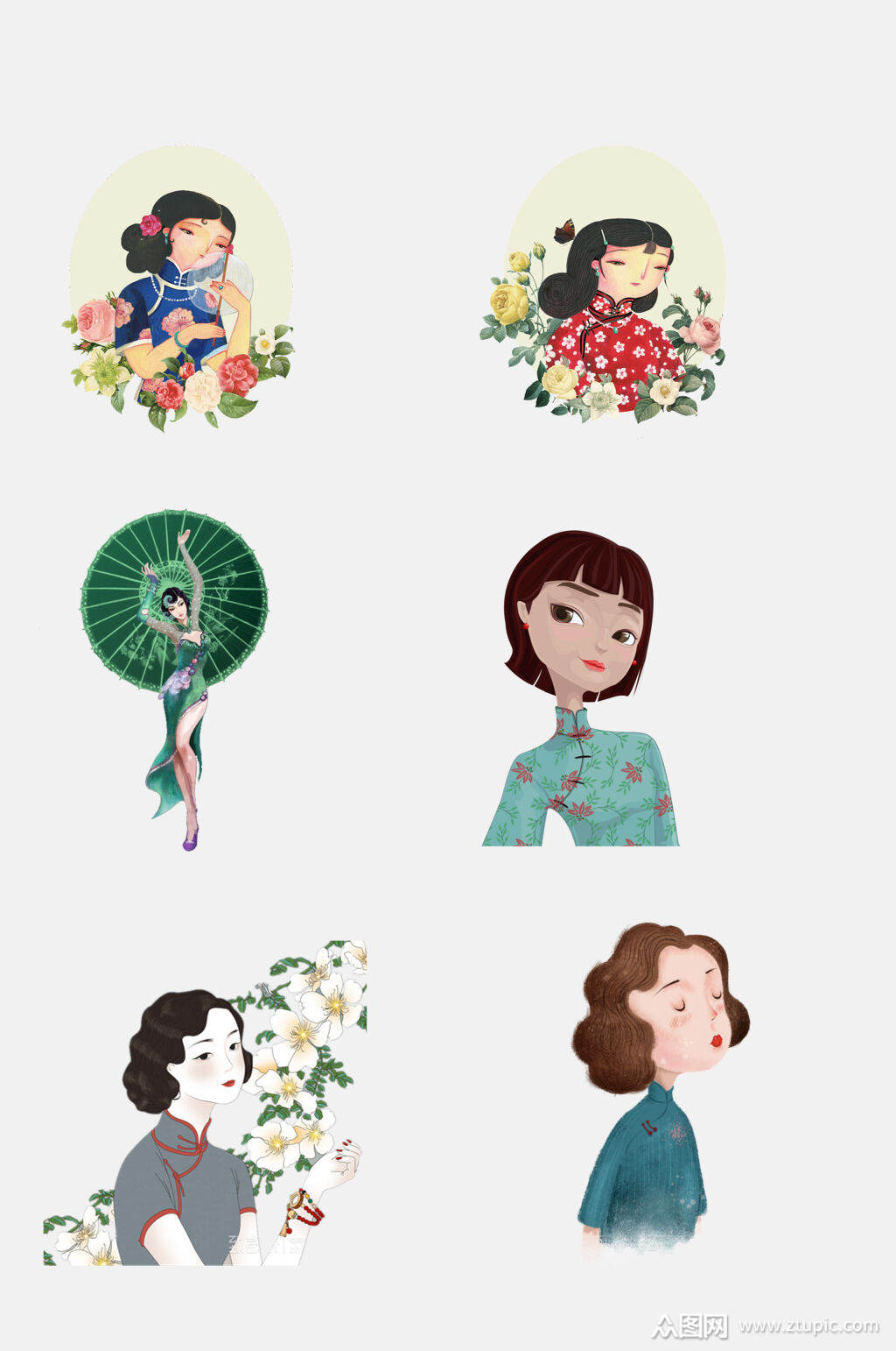 精致民国美女情侣插画免抠素材素材